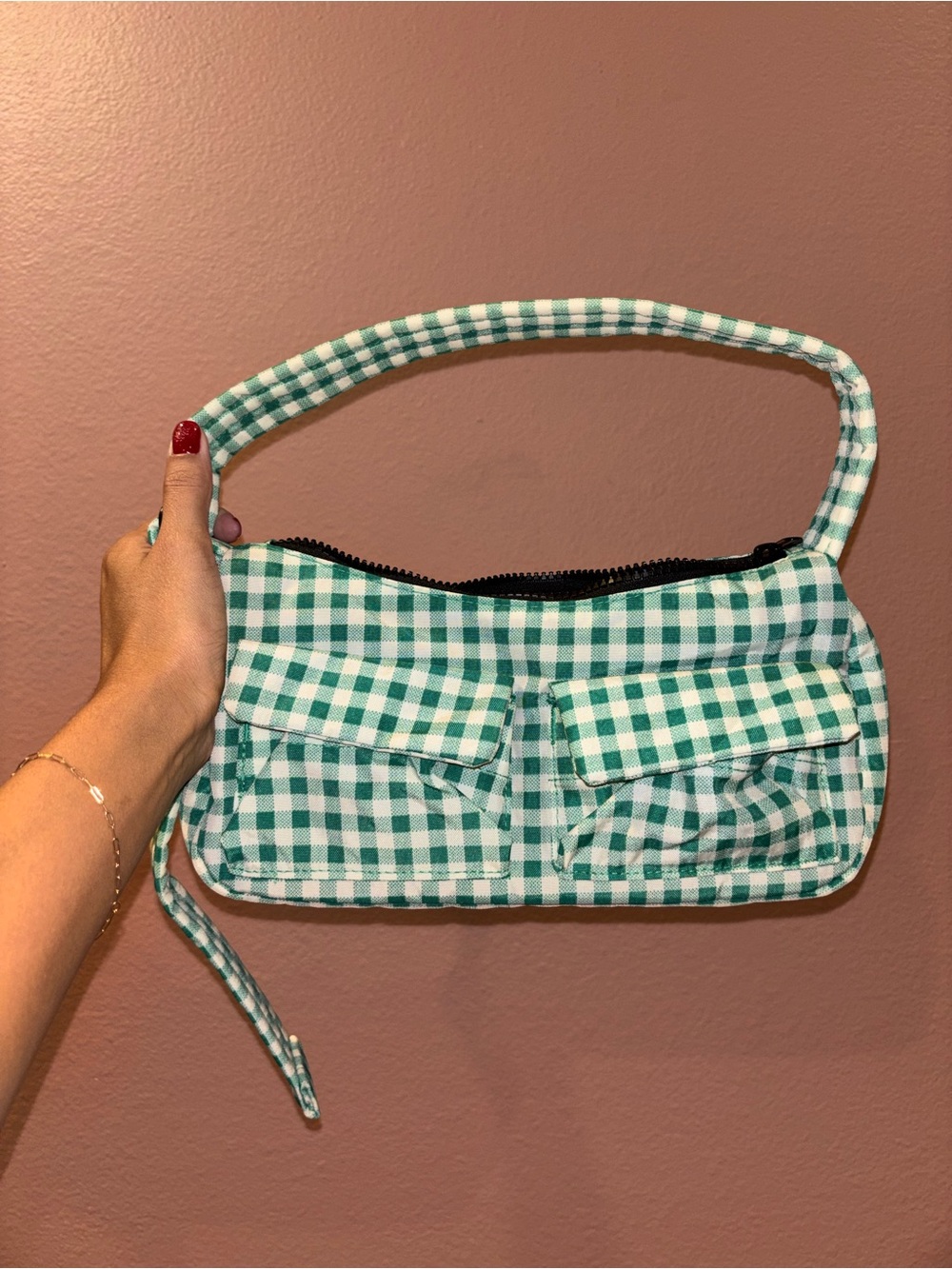 BAGGU Green Gingham Shoulder Bag